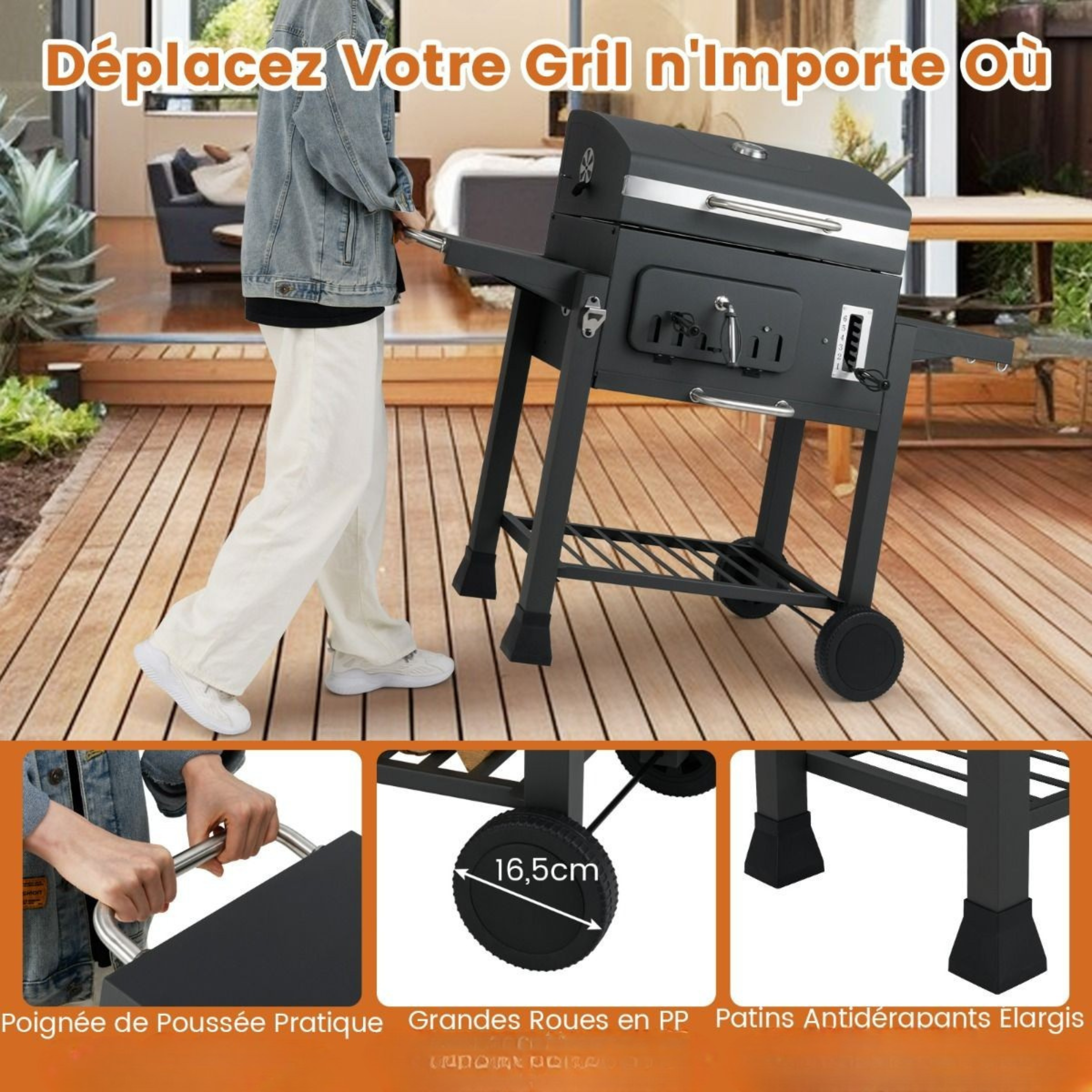 Barbecue à Charbon transportable avec 2 Tables Latérales Pliantes